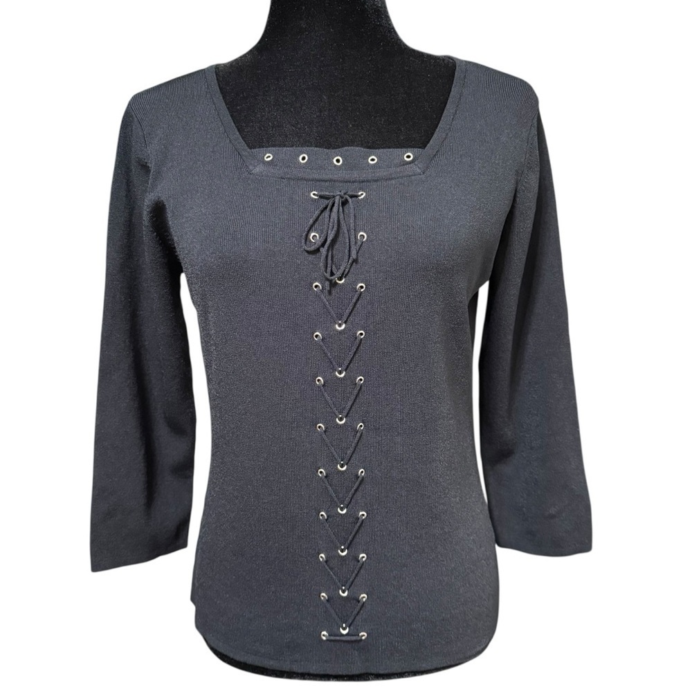 Carducci Black Lace Up Corset Ribbed Knit Sweater Top Size Medium Y2K